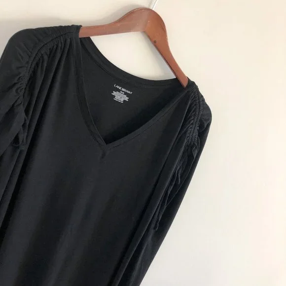Lane Bryant Ruched Shoulder V-Neck Black Top 26 - 28 - Picture 3 of 6